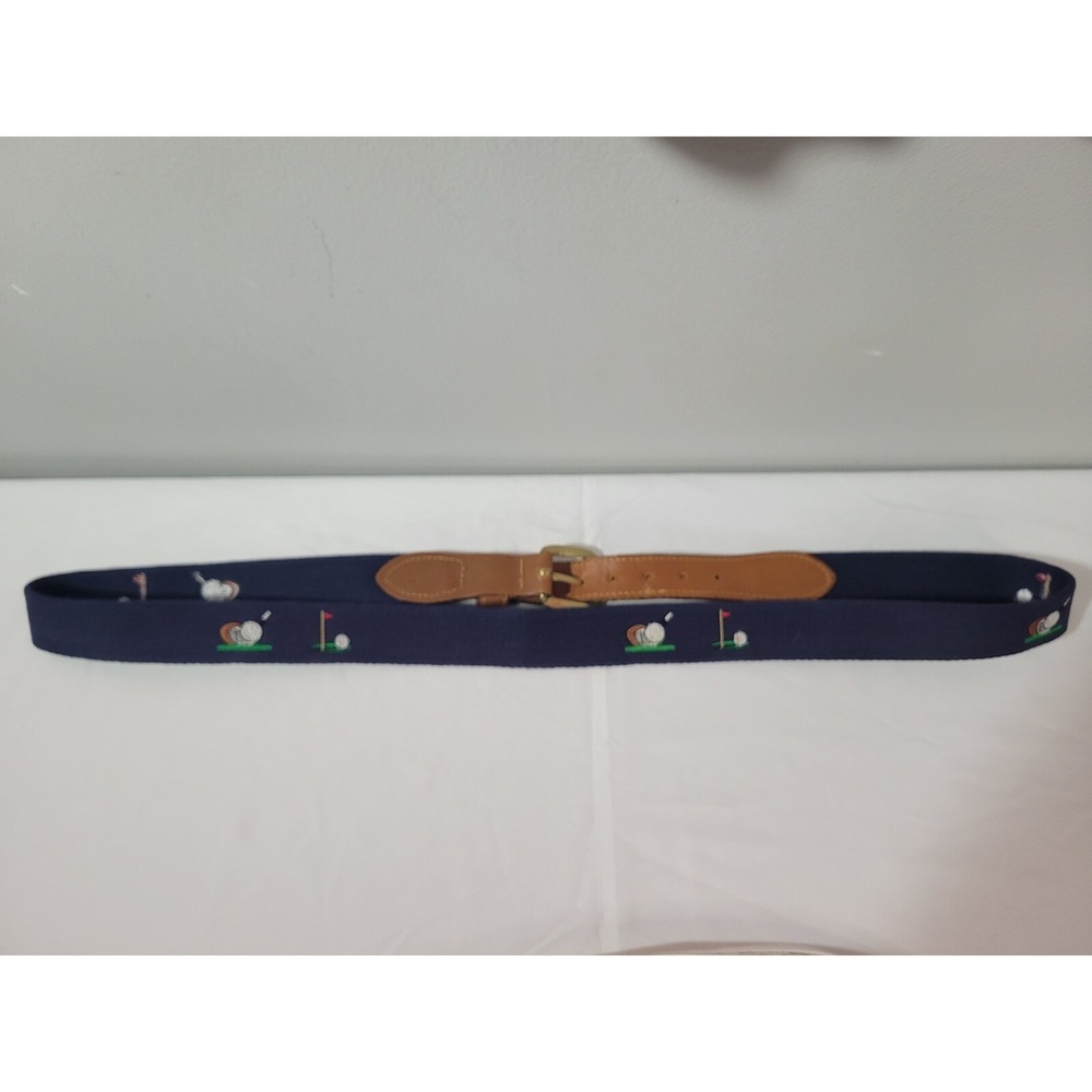 Navy Embroidered Golf Motif Belt with Leather Trim